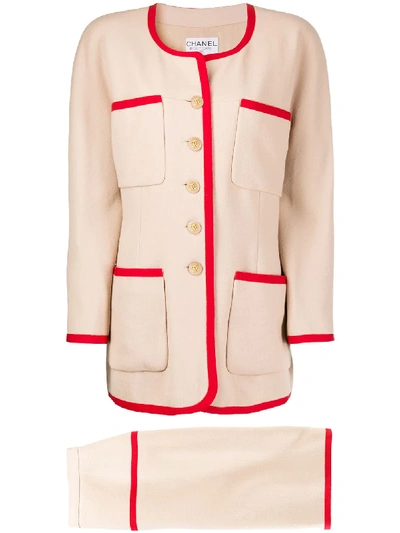 Pre-owned Chanel Contrast Trimming Skirt Suit In Neutrals