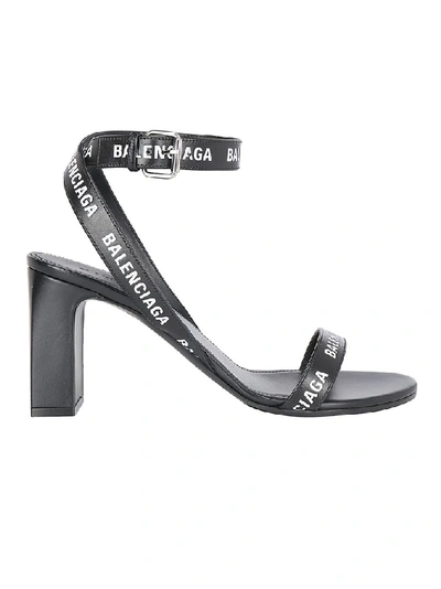 Balenciaga Round Logo Leather Ankle-wrap Sandals In Black