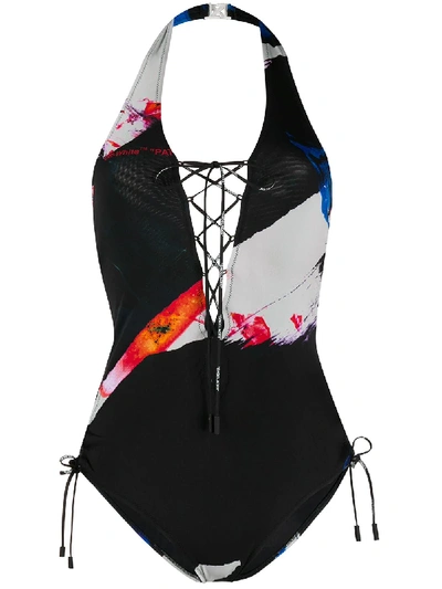 Off-white Lace-up Detail Swimsuit In Black
