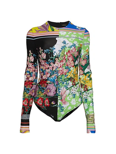 Versace Mixed Floral-print Bodysuit In Multi