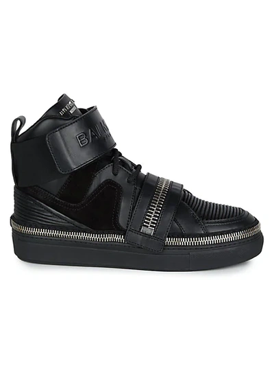 Balmain High-top Logo Band Leather Sneakers In Black