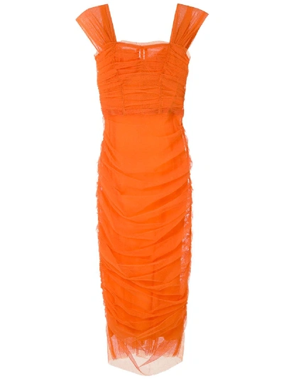 Dolce & Gabbana Ruched Tulle Fitted Dress In Orange