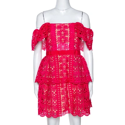 Pre-owned Self-portrait Fuschia Pink Guipure Lace Off Shoulder Mini Dress M