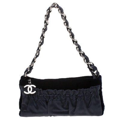 Pre-owned Chanel Navy Blue Velvet & Satin Chain Pochette Bag