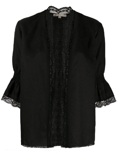 Gold Hawk Lace Trim Open-front Cardigan In Black