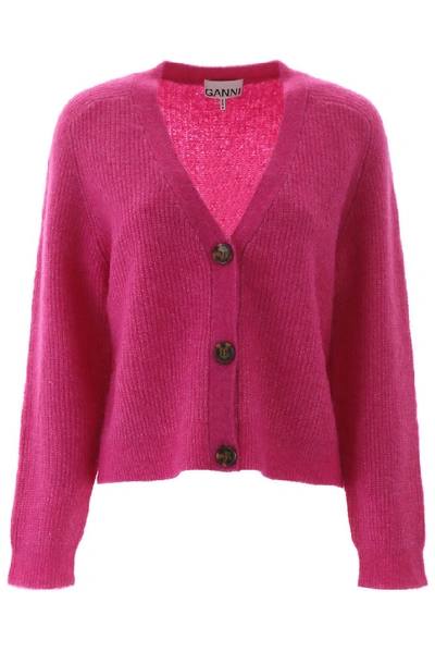 Ganni V-neck Cardigan In Fuchsia