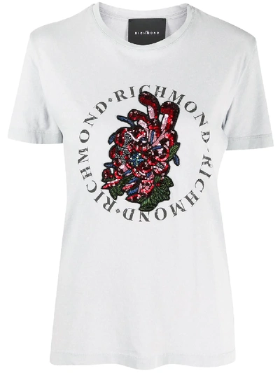 John Richmond Floral Sequin Embroidered T-shirt In Grey