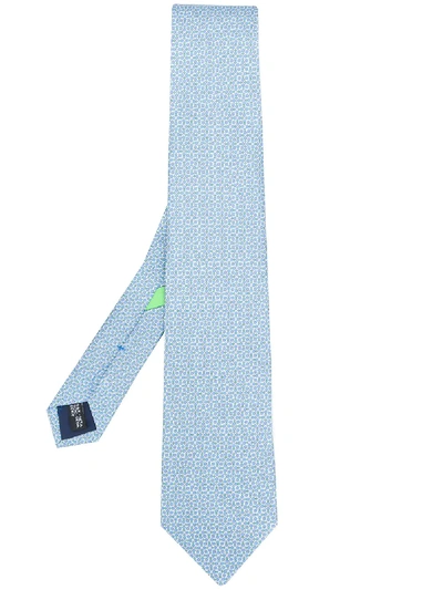 Ferragamo Silk Tie With Gancini Print In Blue