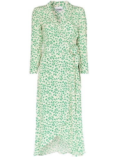 Ganni Leaf-print Crêpe Wrap Midi Dress In Green