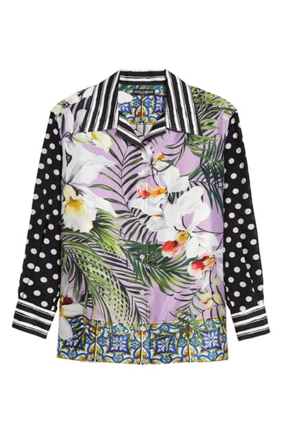 Dolce & Gabbana Oversized Shirt In Crêpe De Chine With Orchid Print In Multicolor