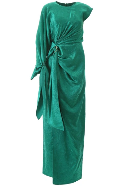 Sies Marjan Catherine One-sleeve Draped Crinkled-satin Gown In Green