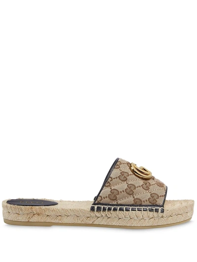 Gucci Pilar Leather-trimmed Embellished Logo-detailed Canvas Espadrille Slides In Nude