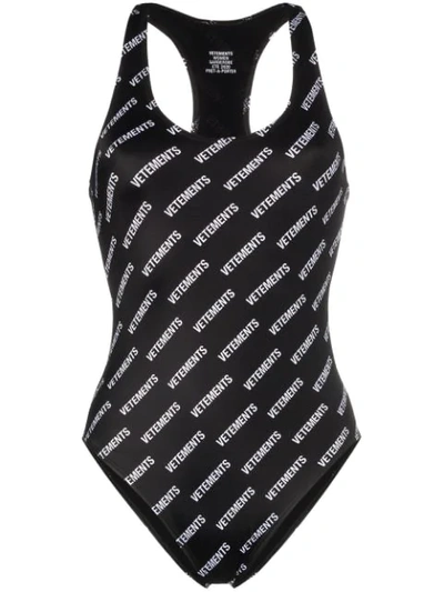 Vetements Logo Print One Piece Lycra Swimsuit In Black