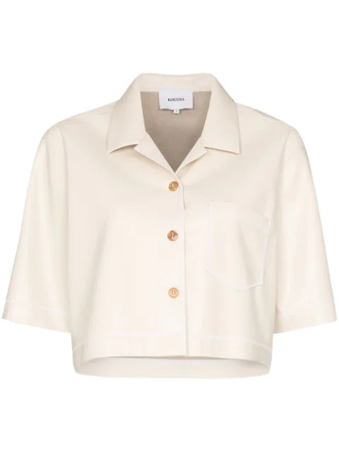 Nanushka Rhett Vegan Leather Cropped Camp Shirt In White | ModeSens