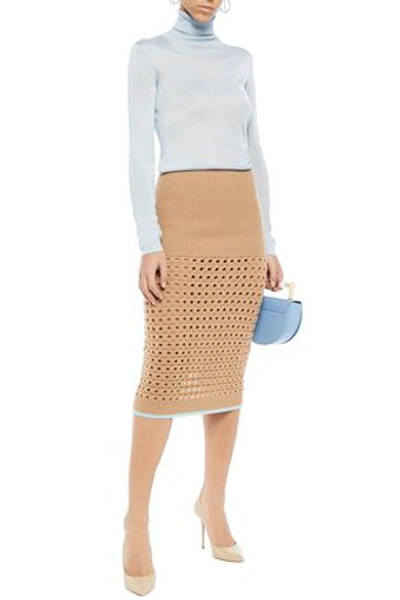 Victoria Beckham Paneled Ribbed And Open-knit Wool-blend Skirt In Camel