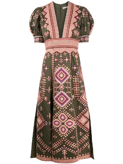 Ulla Johnson Amaria Beaded Embroidered Cotton And Linen-blend Twill Midi Dress In Army Green