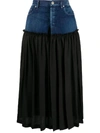 Y's Pleated Panel Denim Skirt In Blue