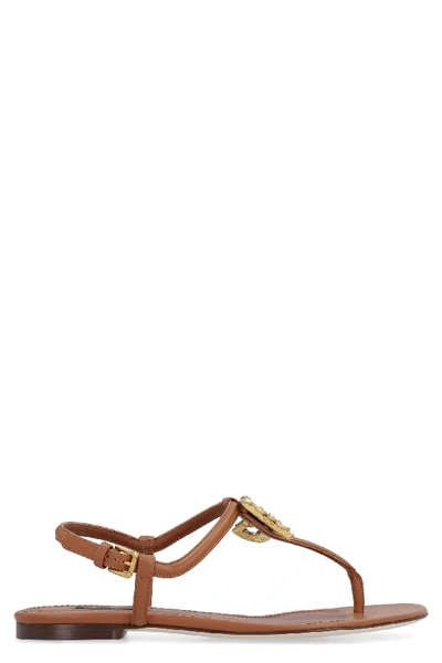 Dolce & Gabbana 10mm Logo Leather Thong Sandals In Beige