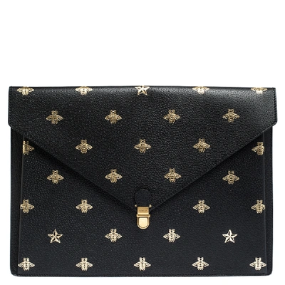 Pre-owned Gucci Black Bee Star Leather Portfolio Clutch