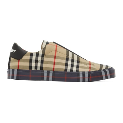 Burberry Contrast Check And Leather Slip-on Trainers In Archive Beige