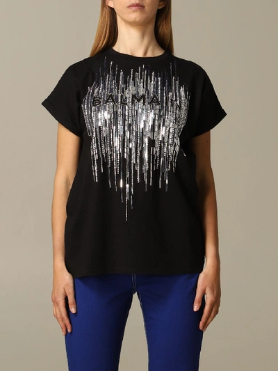 Balmain T-shirt With Logo And Crystals In Black