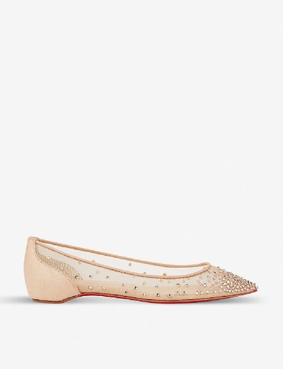Christian Louboutin Follies Swarovski Crystal-embellished Mesh And Lamé Point-toe Flats In Cream