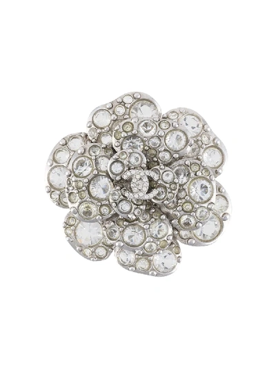 Pre-owned Chanel 2005 Crystal Camellia Brooch In Silver