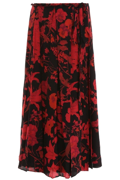 Valentino Floral Print Pleated Skirt In Nero Rosso