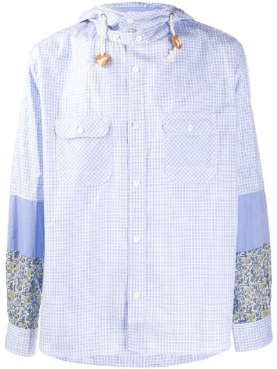 Junya Watanabe Hooded Panelled Checked Shirt In Blue