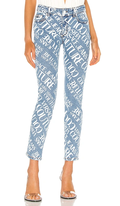 Versace Jeans Couture All Over Printed Cotton Denim Jeans In Blue,white