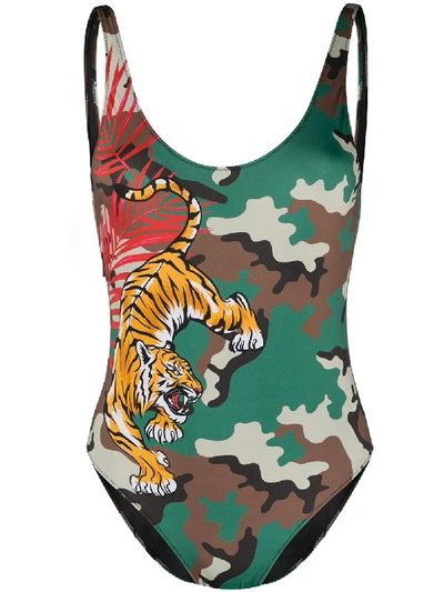 Mc2 Saint Barth Tiger Camouflage Print Open Back Swimsuit In Green