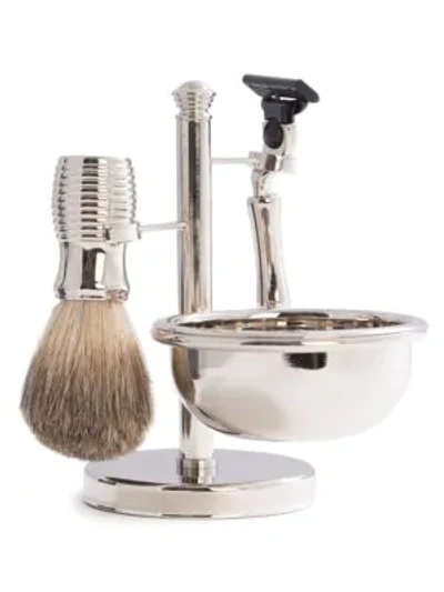 Bey-berk 3-piece Mach3 Razor, Badger Brush & Soap Dish Travel Set In Silver