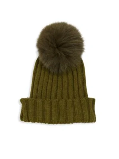 Adrienne Landau Dyed Fox Fur Pom Pom Ribbed Beanie In Black Neon