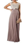 Tiffany Rose Maternity Mia Cap-sleeve Gown With Sequin Bodice & Full-length Skirt In Dusky Truffle