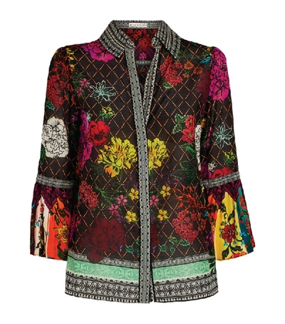 Alice And Olivia Rivera Floral & Diamond Print Silk-blend Bell-sleeve Blouse In Retro Floral Multi