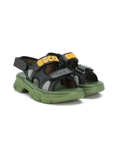 Gucci Kids' Aguru Trek Brand-embellished Leather Sandals 5-8 Years In Blk/green