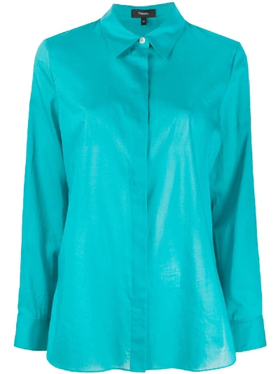 Theory Point-collar Sateen Shirt In Blue