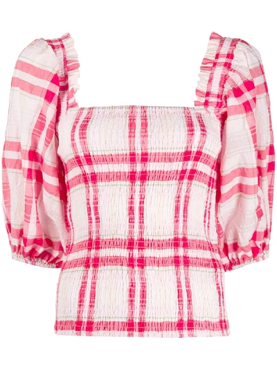 Ganni Seersucker Check Smock Top In Red