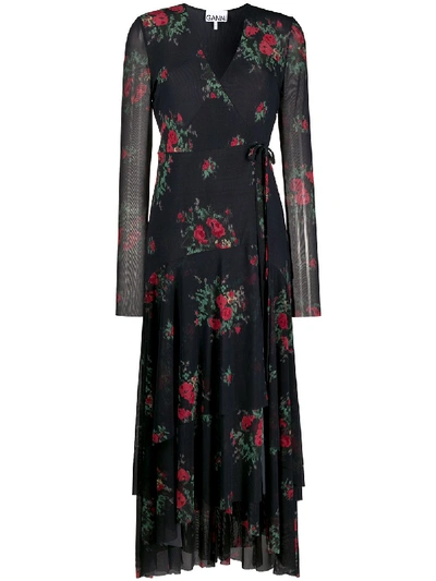 Ganni Floral-print Maxi Dress In Black