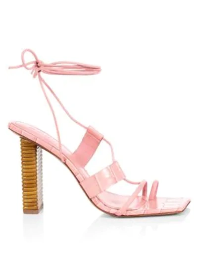 Mercedes Castillo Violete Ankle-wrap Square-toe Croc-embossed Leather Sandals In Croc Print Leather Soft Pink