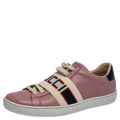 Pre-owned Gucci Pink Leather And Elastic Ace Band Low-top Sneakers Size 36