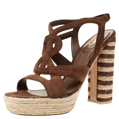 Pre-owned Saint Laurent Brown Suede Caged Platform Espadrille Sandals Size 39.5