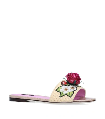 Dolce & Gabbana Braided Raffia Sliders With Floral Embroidery In Neutrals