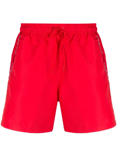 Calvin Klein Side Logo Stripe Drawstring Swim Shorts In Red