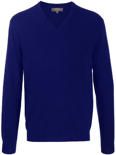 N•peal The Burlington V-neck 1ply Jumper In Blue