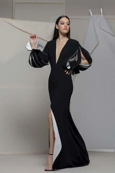 Isabel Sanchis Agrigentos Plunging Neck Long Sleeve Gown