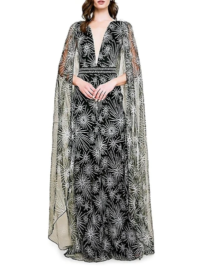 Tadashi Shoji Embroidered Tulle Cape Gown In Silver Black