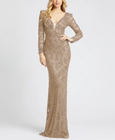 Mac Duggal Beaded Illusion Plunge Neck Long Sleeve Gown In Mocha