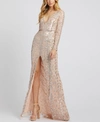 Mac Duggal Embellished Front Slit Long Sleeve Gown In Rose Gold