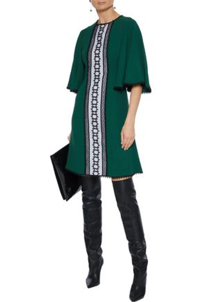 Andrew Gn Lace-paneled Crochet-trimmed Crepe Mini Dress In Forest Green